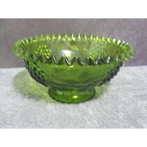 Vintage Footed Indiana Green Serving Bowl Etched Flowers Ruffle Edge